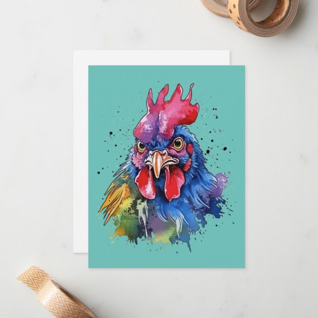 Cartão De Notas Estilo de Aquarela de Galinha do País Rooster (Frente/Verso In Situ)