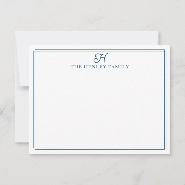 Cartão De Notas Family Initial Blue Border Monogram Stationery (Frente)