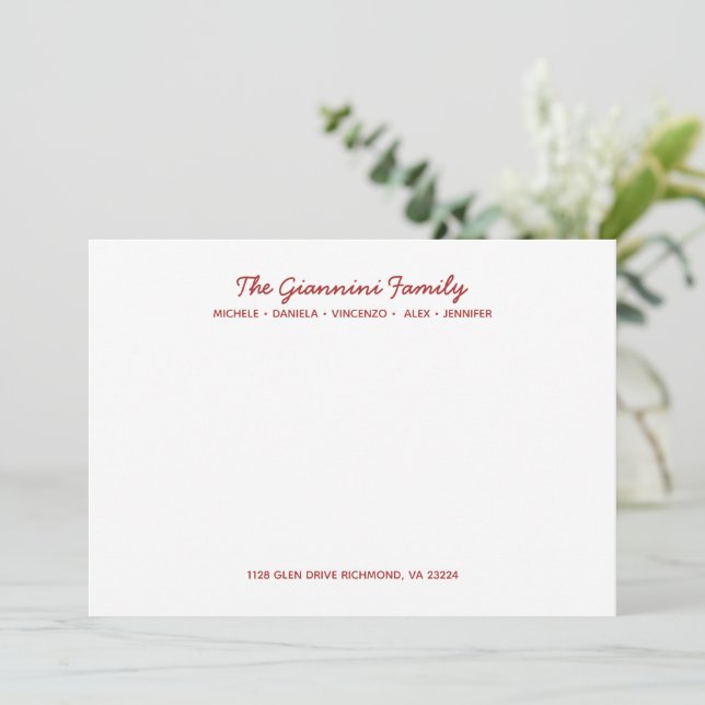 Cartão De Notas FAMILY NOTECARDS Cursive Name Address RED (Em pé/Frente)