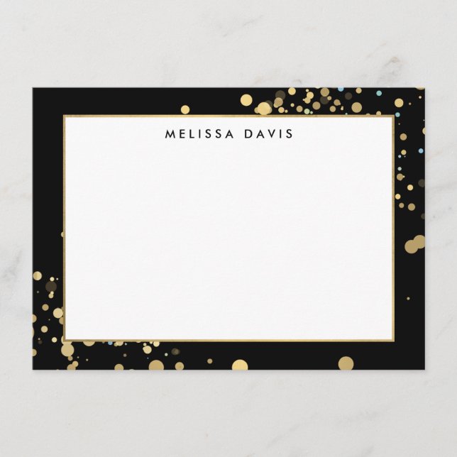 Cartão De Notas Faux Dourado Confetti no Notecard Plana Preto (Frente)
