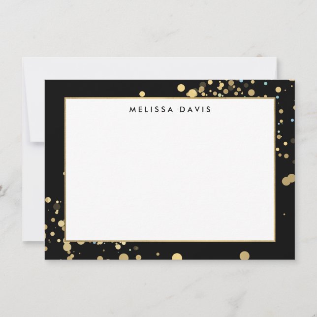 Cartão De Notas Faux Dourado Confetti no Notecard Plana Preto (Frente)