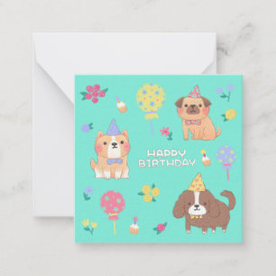 Cartão De Notas Feliz Aniversário: Cães, Balões e Flores
