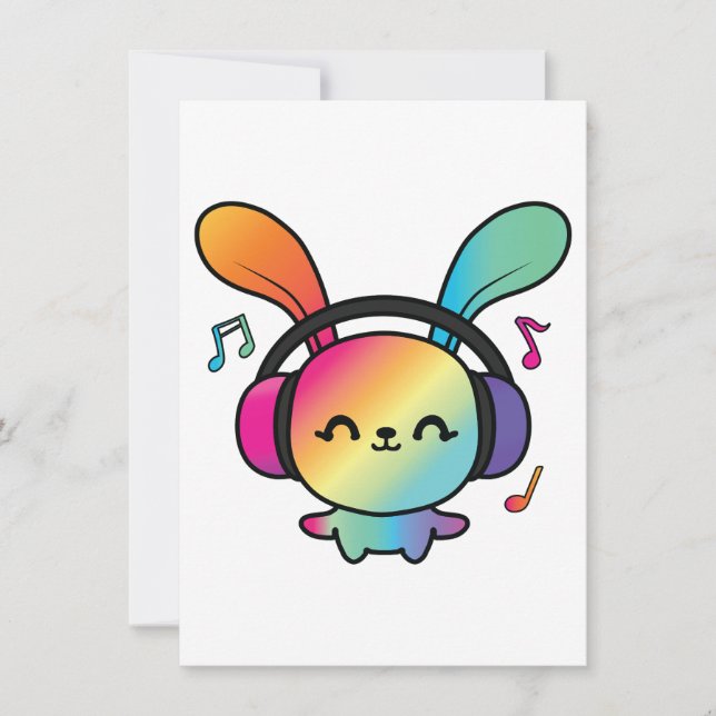 Cartão De Notas Feliz Bunny com fones de ouvido ouvindo música. (Frente)