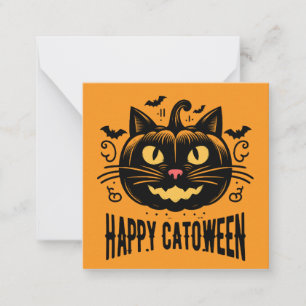 Cartão De Notas Feliz Catoween Gato Preto Abóbora Rosto Halloween 