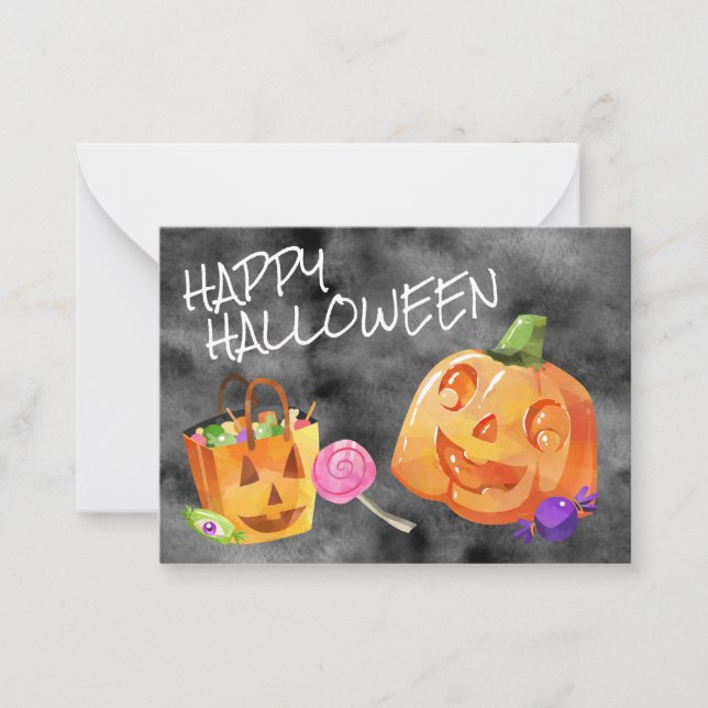 Cartão De Notas Feliz Halloween Abóbora Doce Laranja Preto (Frente)