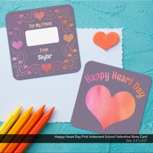 Cartão De Notas Feliz Namorados de Escola Iridescente Rosa do Dia  (Happy Heart Day Kid's School Valentine Card: Lavender with Pink and Peach Iridescent Metallic Look.)