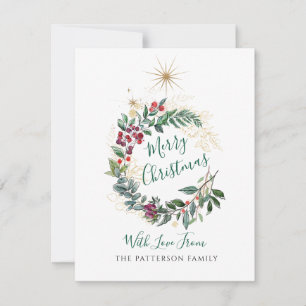 Cartão De Notas Feliz Natal Aquarela Folhas de Azevinho e Grinalda
