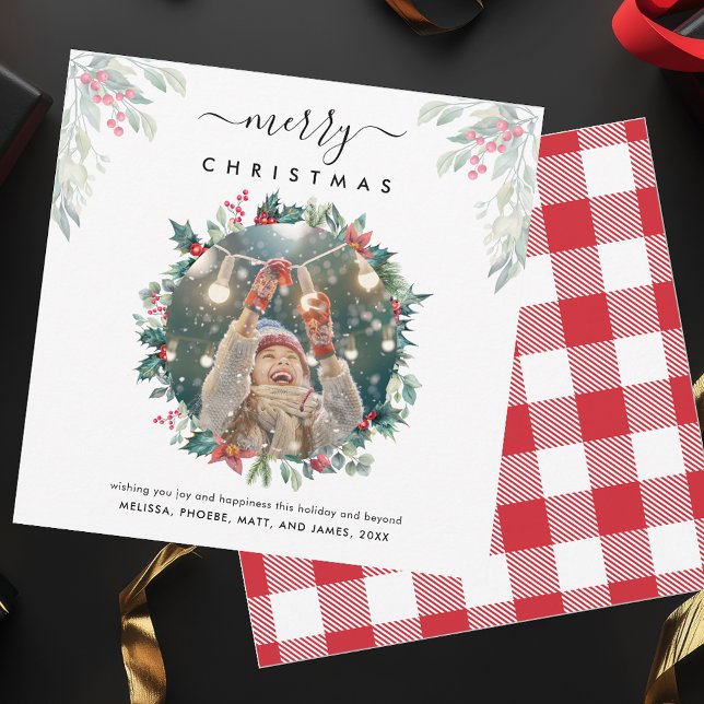 Cartão De Notas Feliz Natal Berries Foto (Christmas Greetings Photo Rustic Plaid Red and White Checkered Card)
