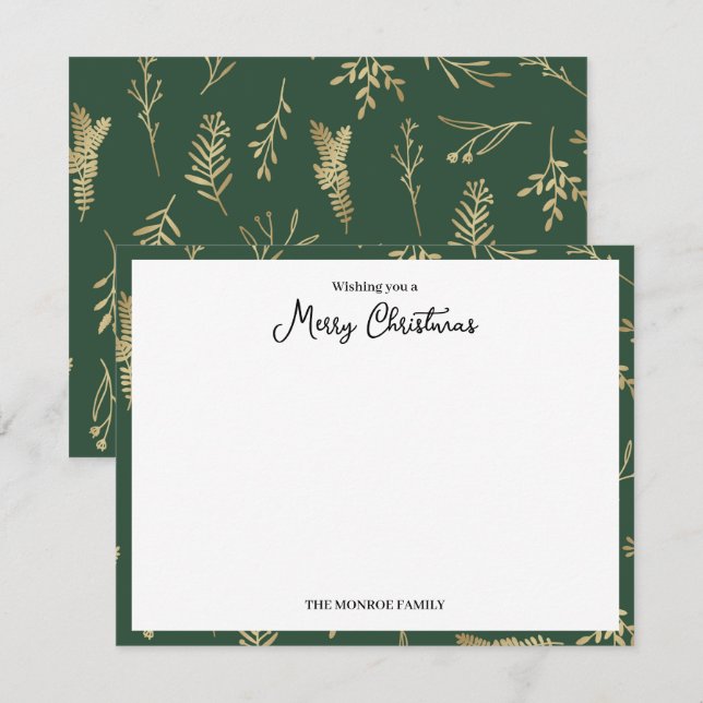 Cartão De Notas Feliz Natal Botânico Verde e Dourado (Frente/Verso)