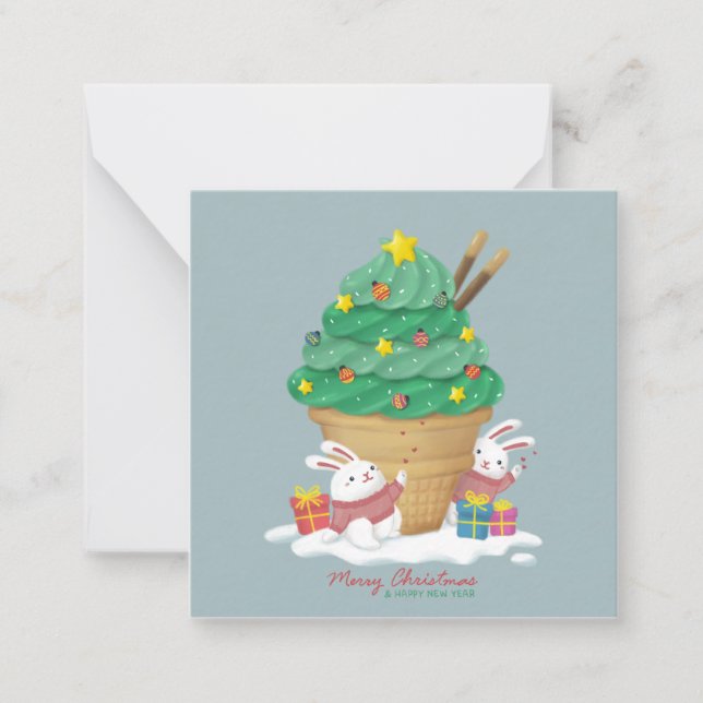 Cartão De Notas Feliz Natal: Bunnies & Sorvete (Frente)