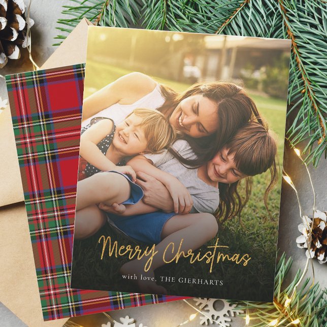 Cartão De Notas Feliz Natal Foto da Família Red Stewart Tartan (Merry Christmas Family Photo Script Plaid Stewart Tartan Card)