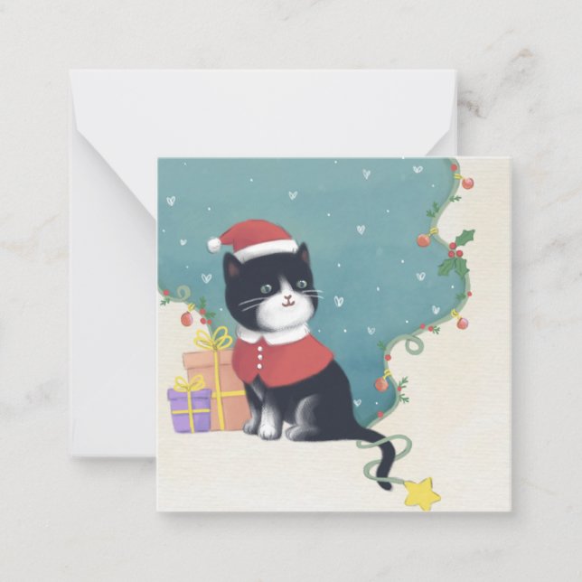 Cartão De Notas Feliz Natal: Gato Ilustra Arte (Frente)