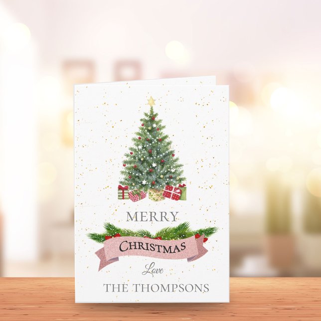 Cartão De Notas Feliz Natal Glitter Branco Elegante (Elegant White Faux Pink Glitter Merry Christmas Note Card)