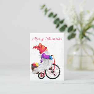 Cartão De Notas Feliz Natal - Gnomo Engraçado com Bicicleta e Pres