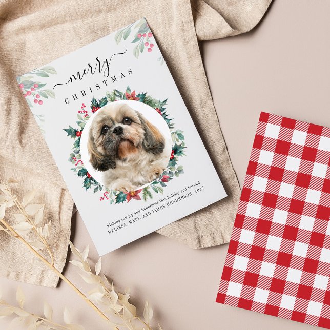 Cartão De Notas Feliz Natal Personalizado Cachorro Foto Botânica (Elegant Pet Photo Gingham Plaid Christmas Greetings Card)