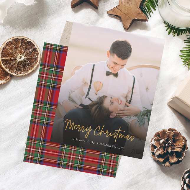 Cartão De Notas Feliz Natal Red Stewart Tartan Foto (Rustic Christmas Photo Tartan Greetings Card)
