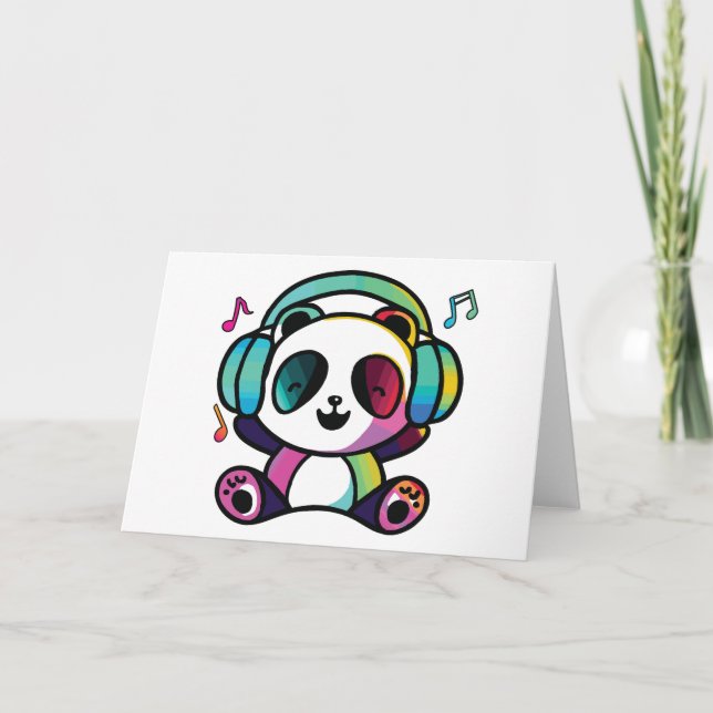Cartão De Notas Feliz Panda com fones de ouvido ouvindo música. (Frente)