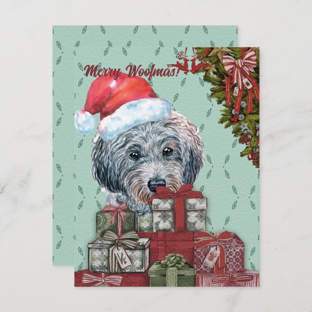 Cartão De Notas Feliz Woofmas! Engraçado Poodle Santa Hat Natal (Frente/Verso)