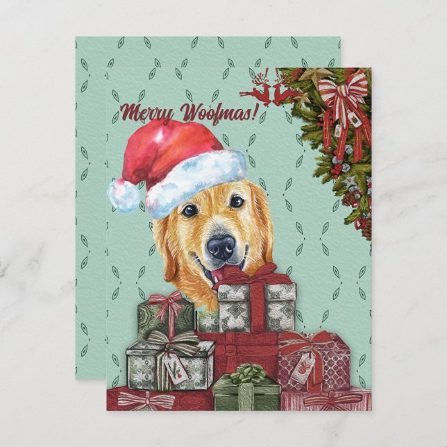Cartão De Notas Feliz Woofmas Ouro Retriever Santa Hat Natal (Frente/Verso)