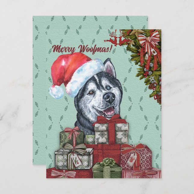 Cartão De Notas Feliz Woofmas! Siberian Husky Santa Hat Natal Nata (Frente/Verso)