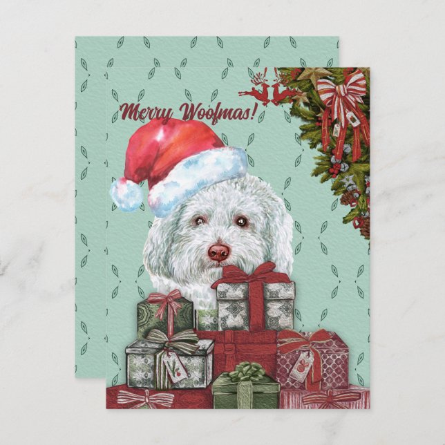 Cartão De Notas Feliz Woofmas! White Poodle Santa Hat Natal (Frente/Verso)