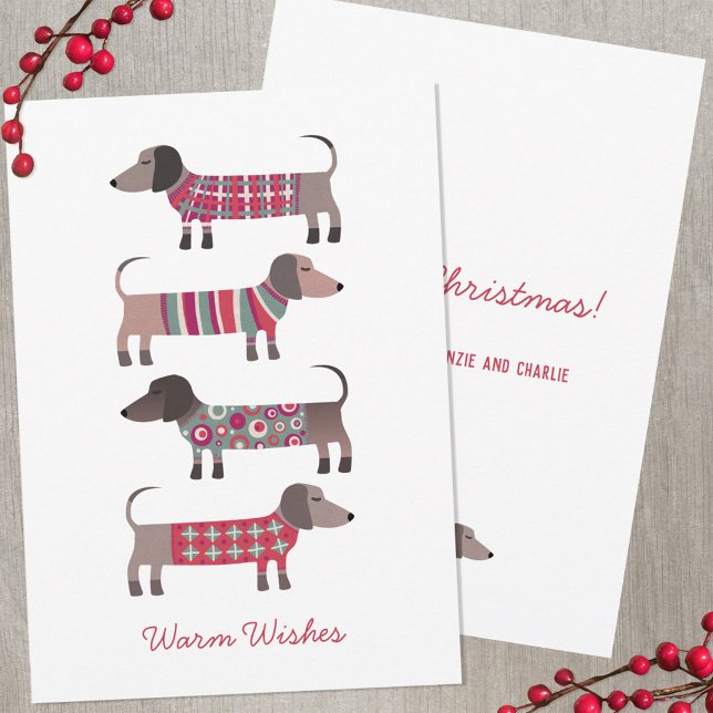 Cartão De Notas Feriado de Cão Dachshund (Dachshund Wiener Sausage dog fun Warm Wishes personalized holiday card)