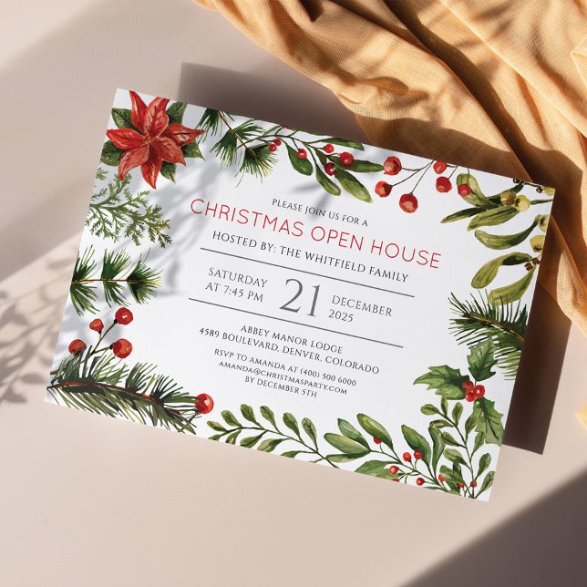 Cartão De Notas Feriado Natal Watercolor Berries Greenery (Christmas Open House Botanical Holiday Party Invitation)