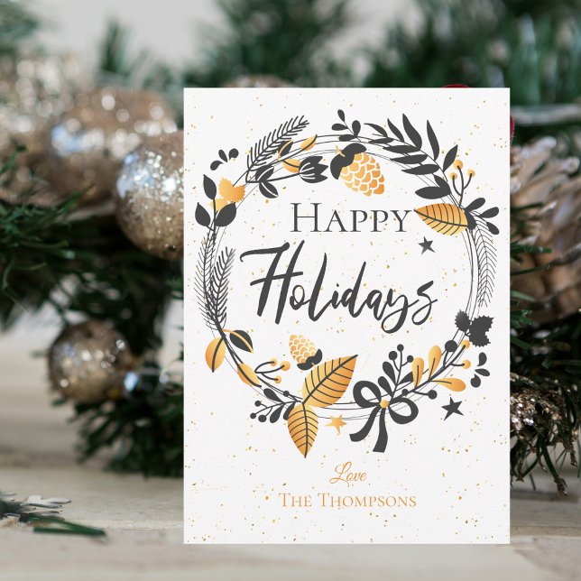 Cartão De Notas Feriados Felizes Elegantes Feriados Amarelos Freso (Elegant Happy Holidays Cute Yellow Black Wreath Holiday  Note Card)