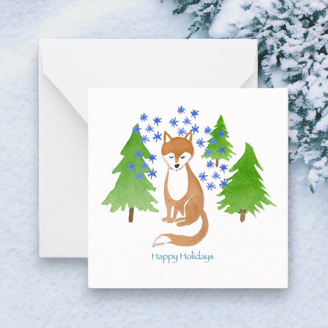 Cartão De Notas Férias Felizes Raposa nos Bosques (Snowy Fox Original Watercolor Design)