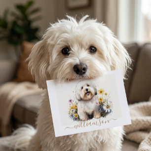Cartão De Notas Filhote Branco de Coton de Tulear com Flores e Nom