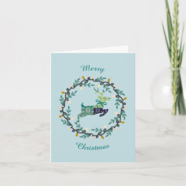 Cartão De Notas First Christmas Deer with Wreath Teal Folded Card