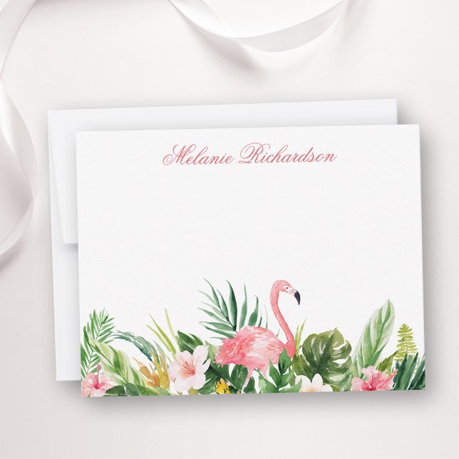 Cartão De Notas Flamingo Floral Tropical de Aquarela Rosa (Customize to change text size, color, style or to add more text to front or back of card.)