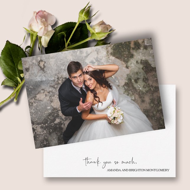 Cartão De Notas Flat de Foto de Script Elegante (Wedding flat thank you notes with your photo on front and your message and names on the back)