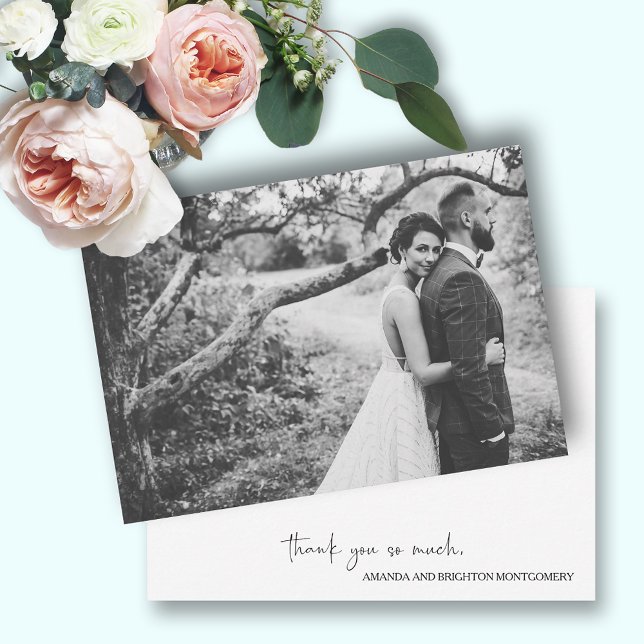 Cartão De Notas Flat de Foto de Script Elegante (Wedding flat thank you notes with your photo on front and your message and names on the back)
