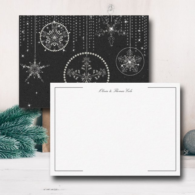 Cartão De Notas Flocos de Neve Brilhantes Preto Branco Elegantes S (christmas thank you card couple wedding holidays winter snowflakes rhinestones glitter black white )