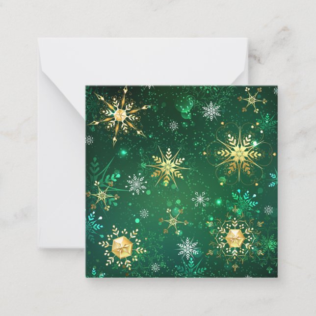 Cartão De Notas Flocos de Neve Dourados de Natal em Fundo Verde (Frente)