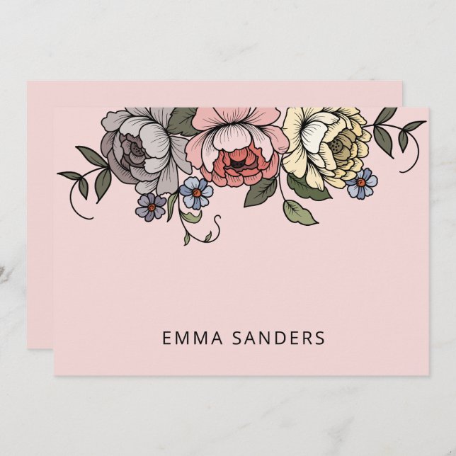 Cartão De Notas Florais Botânicos Elegantes, Rosa, Personalizados (Frente/Verso)