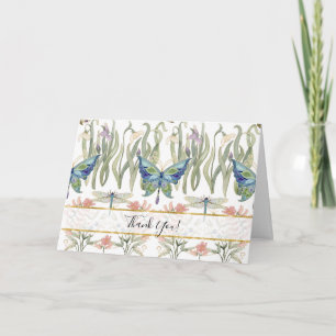 Cartão De Notas Floral Aquarela Azul e Borboleta Rosa