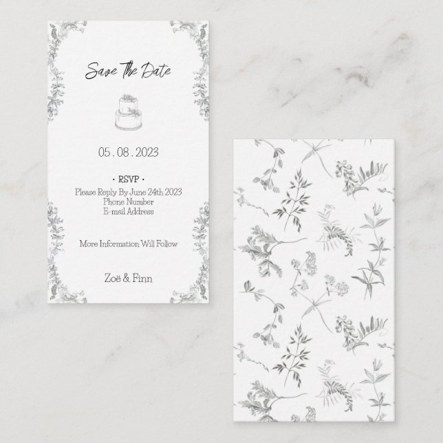 Cartão De Notas Floral Black & White Botanical Line Save The Date (Frente/Verso)