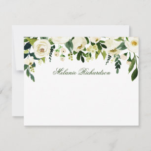 Cartão De Notas Floral Branco Verde de Aquarela Personalizado