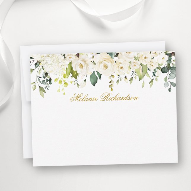 Cartão De Notas Floral Dourado Personalizado Branco da Aquarela (Customize to change text size, color, style or to add more text to front or back of card.)