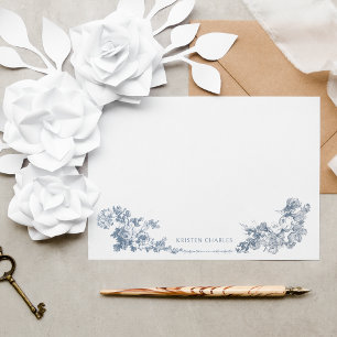 Cartão De Notas Floral francês azul-poeirento elegante