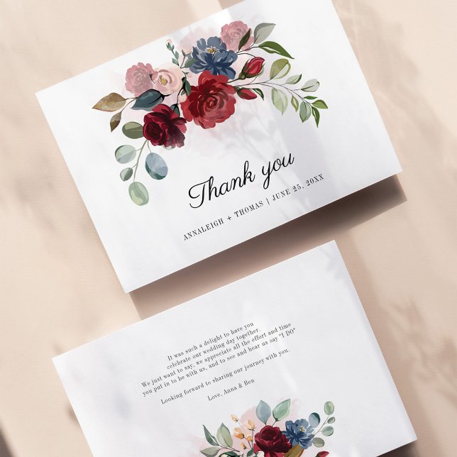 Cartão De Notas Floral Greenery Burgundy Casamento Obrigado (Criador carregado)