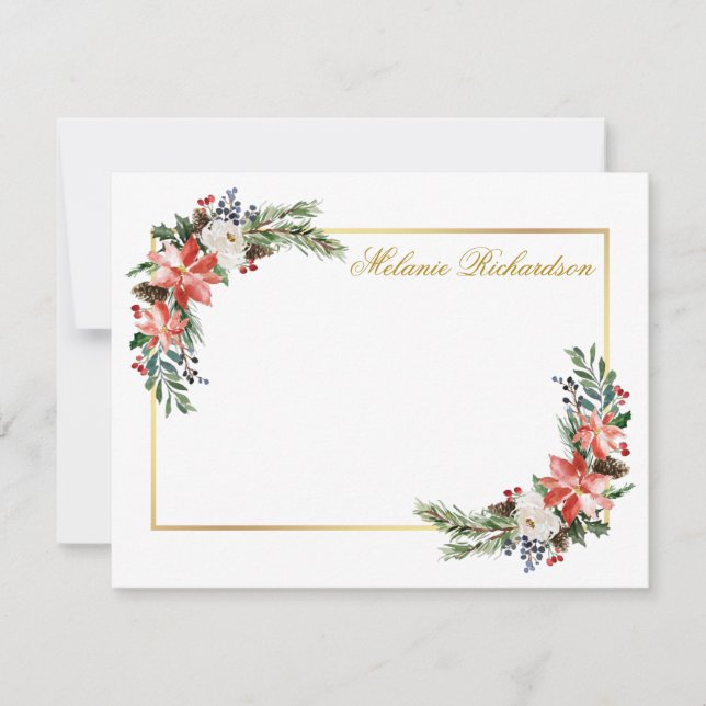 Cartão De Notas Floral Invernal Aquarela Dourado Personalizado (Frente)