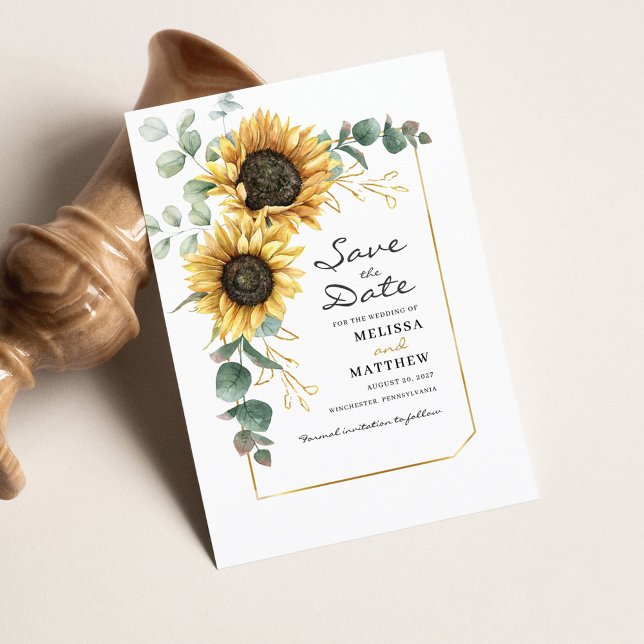 Cartão De Notas Floral Sunflower Eucalyptus Economiza O Orçamento  (Floral Geometric Wedding Save the Date Announcement)