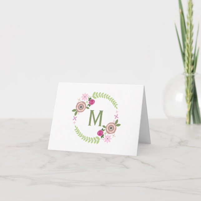 Cartão De Notas Floral Wreath Monogram Notecard (Frente)