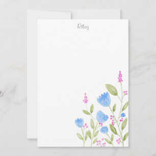 Cartão De Notas "Flores Azuis e Berries Rosa"