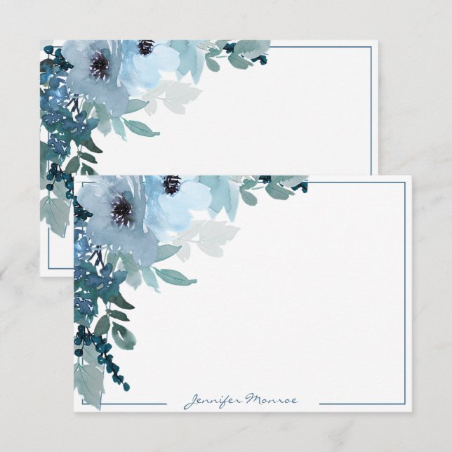 Cartão De Notas Flores de aquarela azul personalizadas (Frente/Verso)