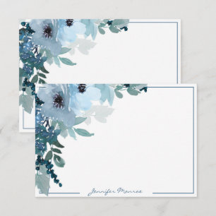 Cartão De Notas Flores de aquarela azul personalizadas