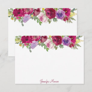 Cartão De Notas Flores de aquarelas vermelhas e roxas personalizad